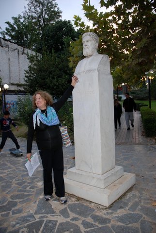 felson with "Modern sculpture of Pindar in Thebes"